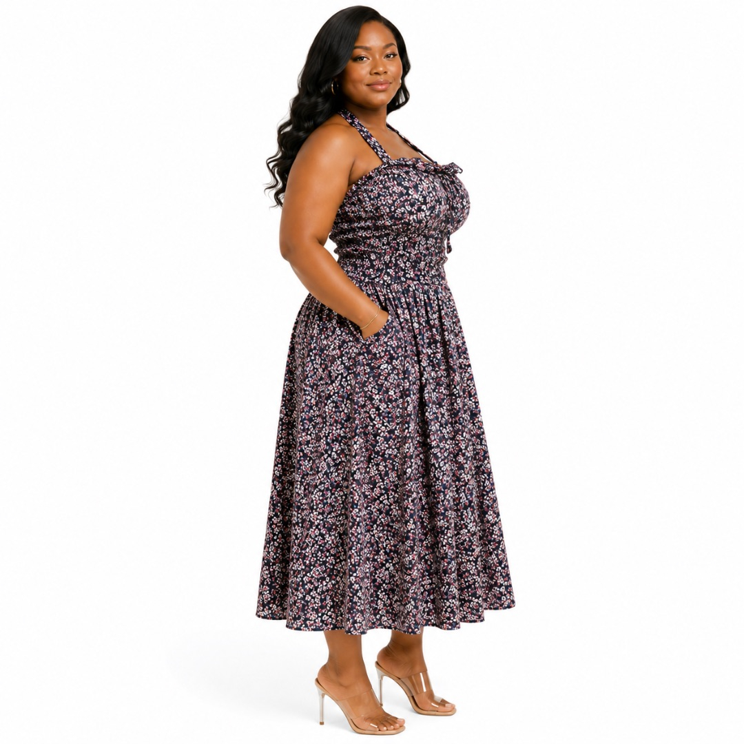 Floral Halter Neck Ruffle Bodice Midi Dress